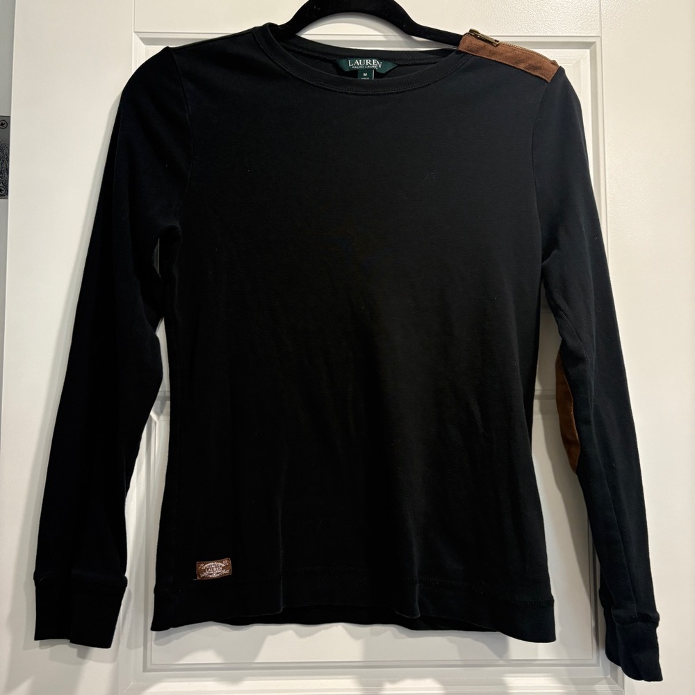 Lauren Ralph Lauren Long Sleeve Tee w/ Suede Accents Womens Medium Equestrian